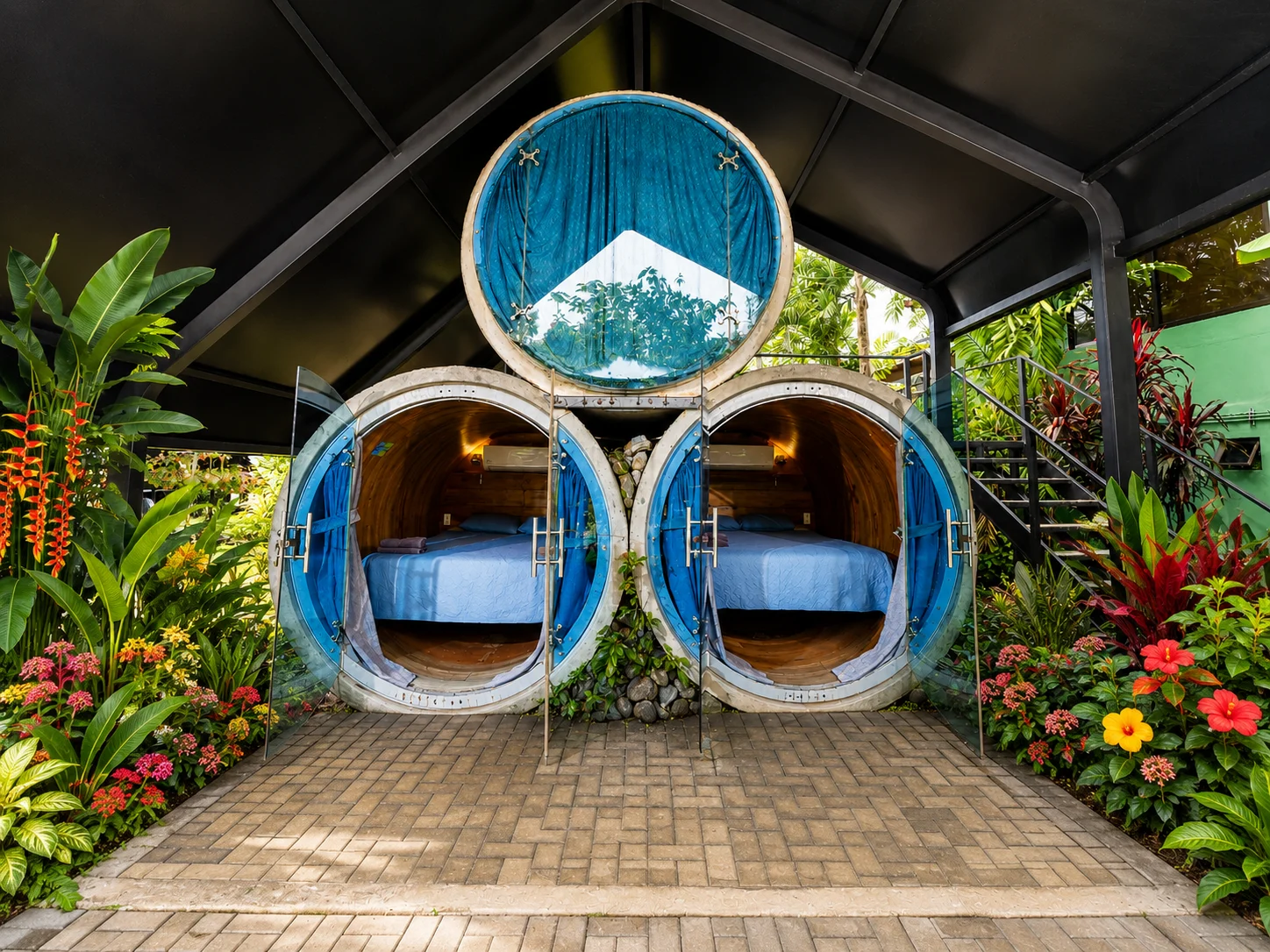 Blue circular rooms with open doors surrounded by flowers