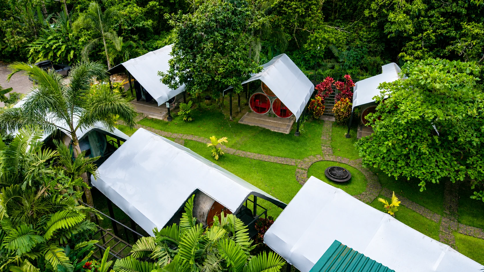 An aerial view of the secret garden among trees
